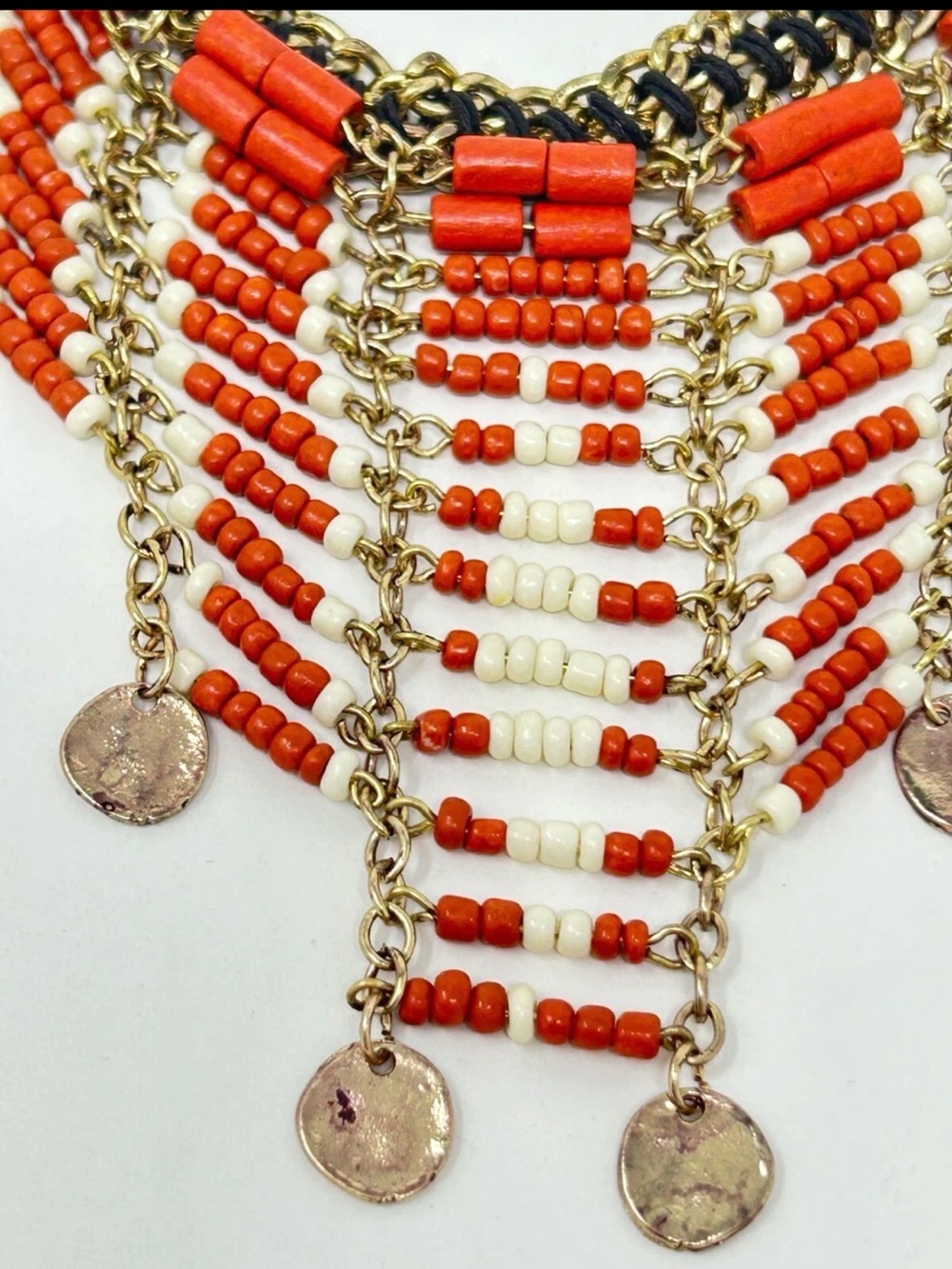 Free People White and Black Beaded Coin Fringe Necklace with Gold Chains FIRM - Picture 4 of 4